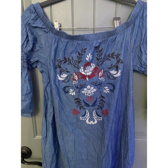 Francescas Dress Blue Rain Blue Chambray Embroidered Tunic Dress Size Medium - Picture 4 of 9
